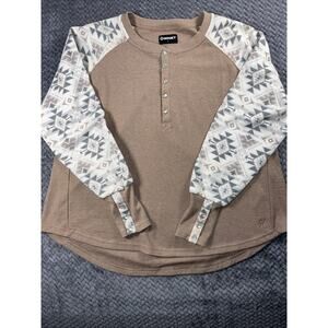 Hooey Women’s “LADIES HENLEY” Tan Aztec Pattern Long Sleeve Thermal Shirt Size L